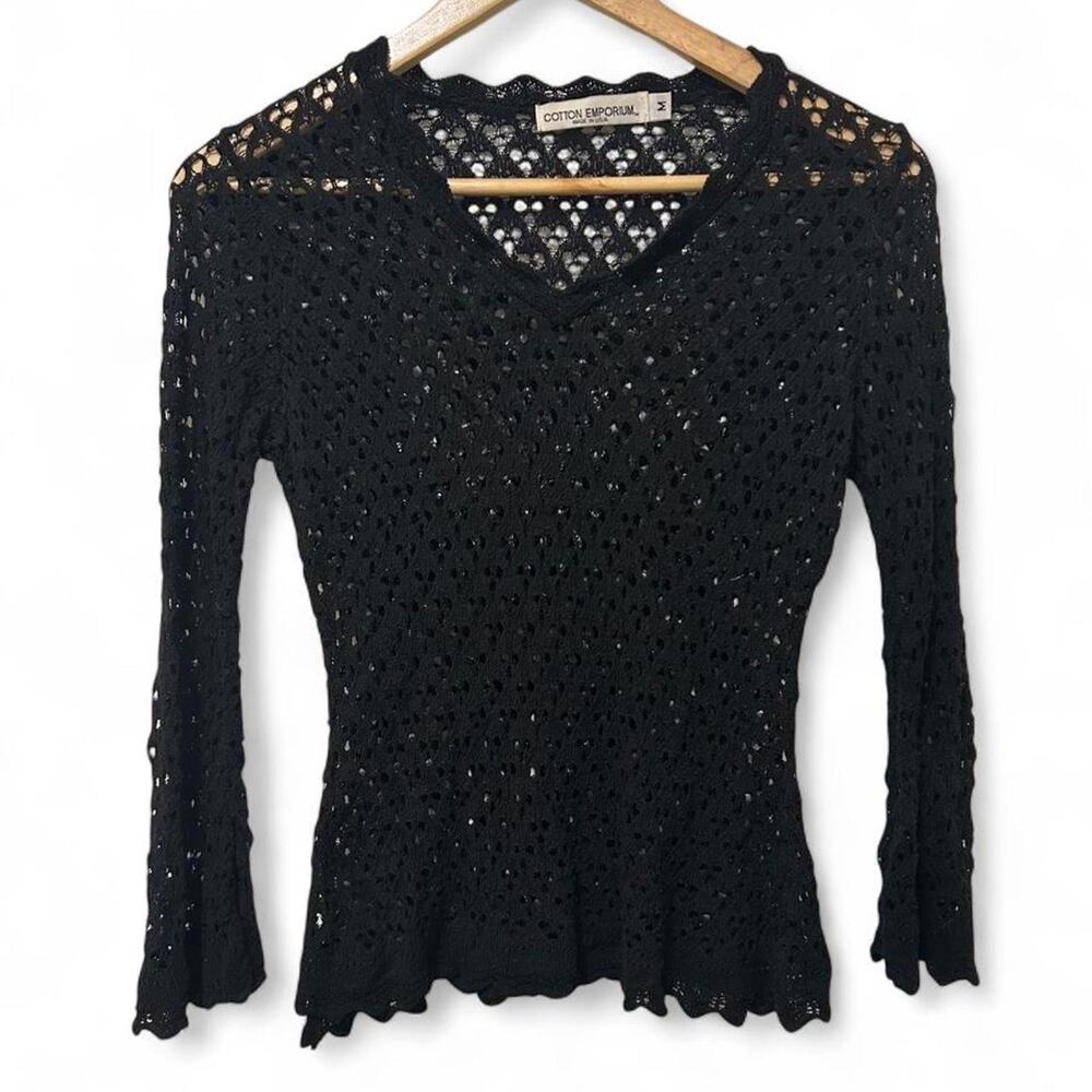 Vtg Cotton Emporium Open-Knit Crochet sweater Top Med Black